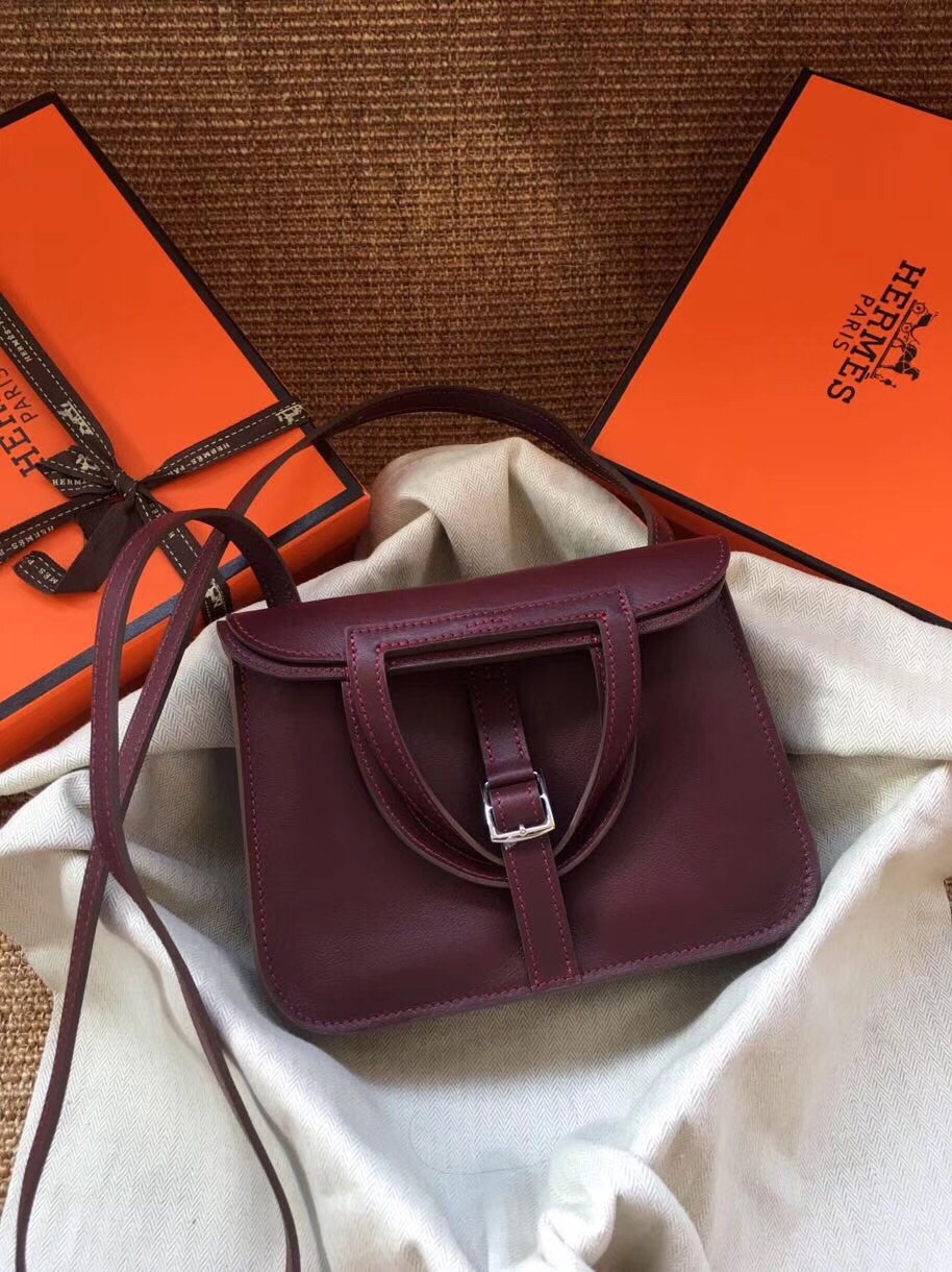 Hermes Mini Halzan 22 Handbag Shoulder Bag In Bordeaux Swift Leather